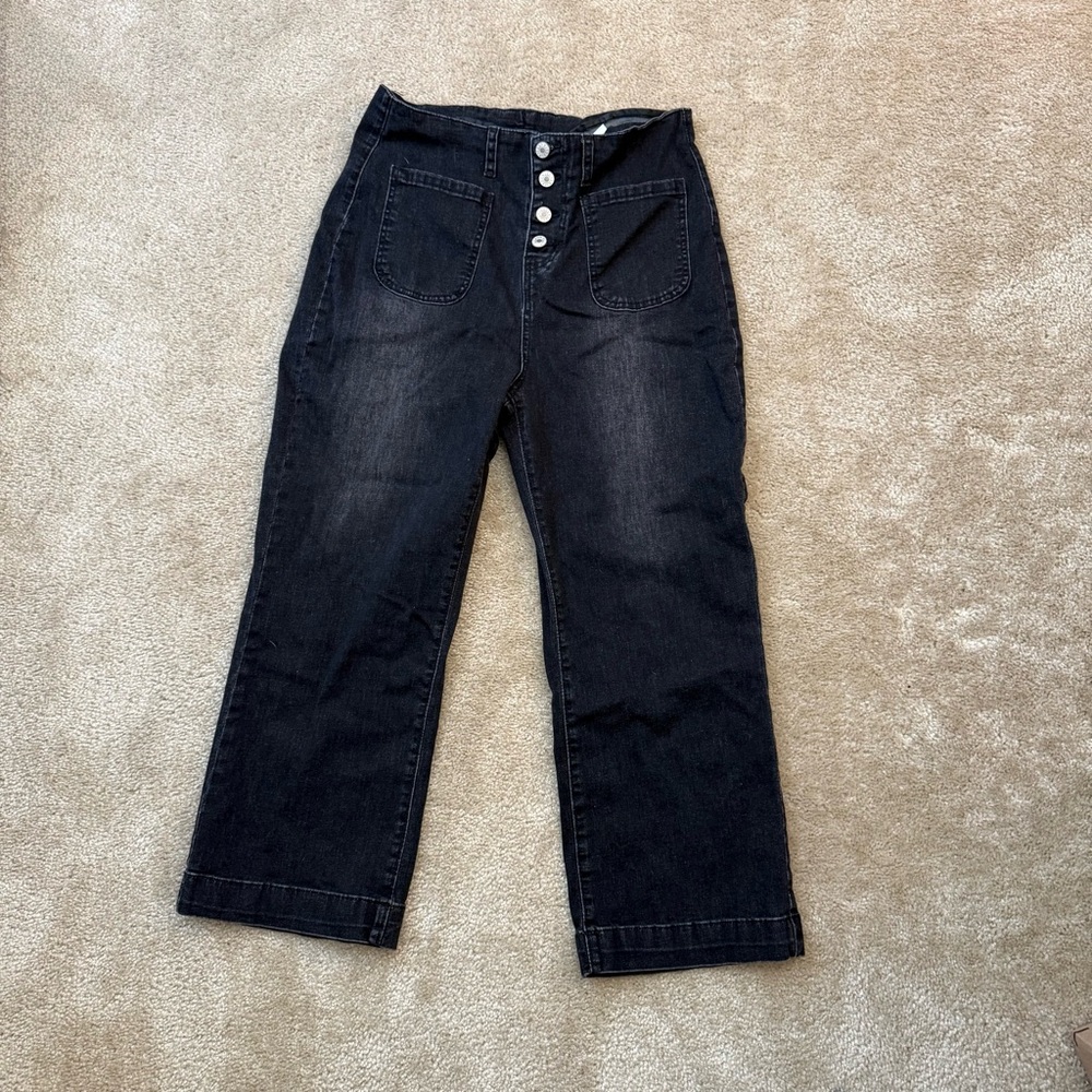 Womens L black buttoned high rise denim loose jeans: wide leg: grunge emo chic